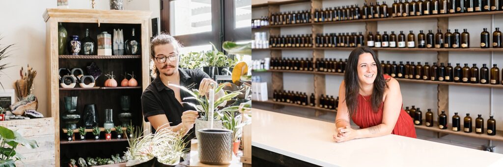 Owner Noa with an employee shaping a plant, surrounded by. natural medicine bottles
